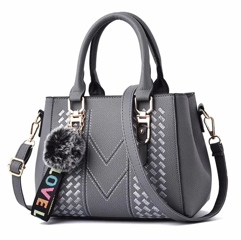 Embroidery Messenger Bags Women Leather Handbags Bags for Women Sac a Main Ladies hair ball Hand Bag - Mychicelegant