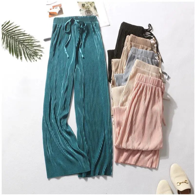 Women Fashion Summer Wide Leg Pants Pleated Ice Silk Trousers Elastic Waist Loose Casual Pants - Mychicelegant