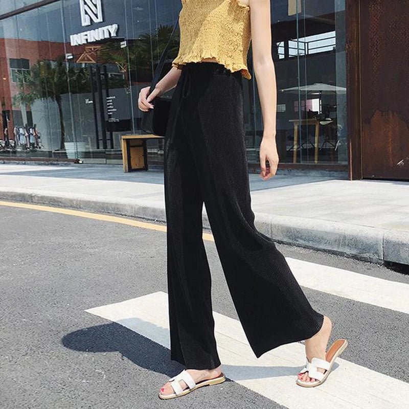 Women Fashion Summer Wide Leg Pants Pleated Ice Silk Trousers Elastic Waist Loose Casual Pants - Mychicelegant