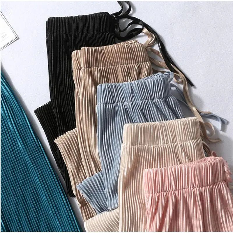 Women Fashion Summer Wide Leg Pants Pleated Ice Silk Trousers Elastic Waist Loose Casual Pants - Mychicelegant