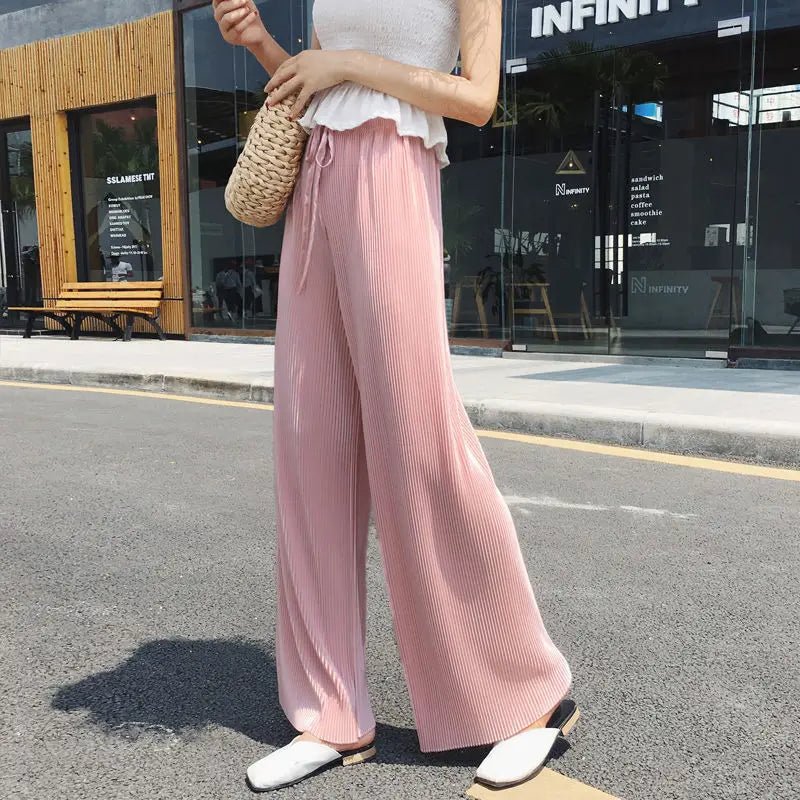 Women Fashion Summer Wide Leg Pants Pleated Ice Silk Trousers Elastic Waist Loose Casual Pants - Mychicelegant