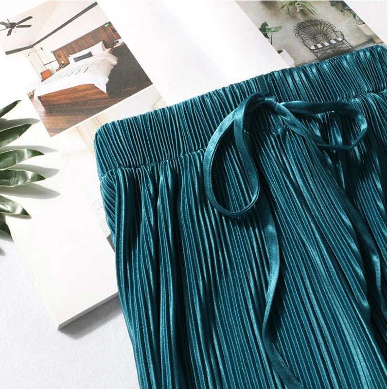 Women Fashion Summer Wide Leg Pants Pleated Ice Silk Trousers Elastic Waist Loose Casual Pants - Mychicelegant