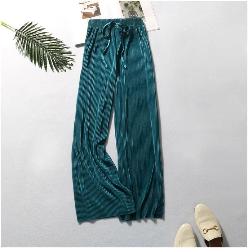 Women Fashion Summer Wide Leg Pants Pleated Ice Silk Trousers Elastic Waist Loose Casual Pants - Mychicelegant