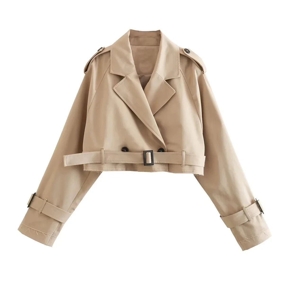 024 Spring Women’s Cropped Trench Coat – Double - Breasted Belted Jacket, Vintage Streetwear Style - Mychicelegant