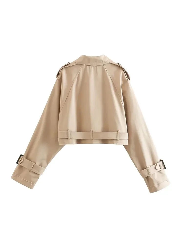 024 Spring Women’s Cropped Trench Coat – Double - Breasted Belted Jacket, Vintage Streetwear Style - Mychicelegant