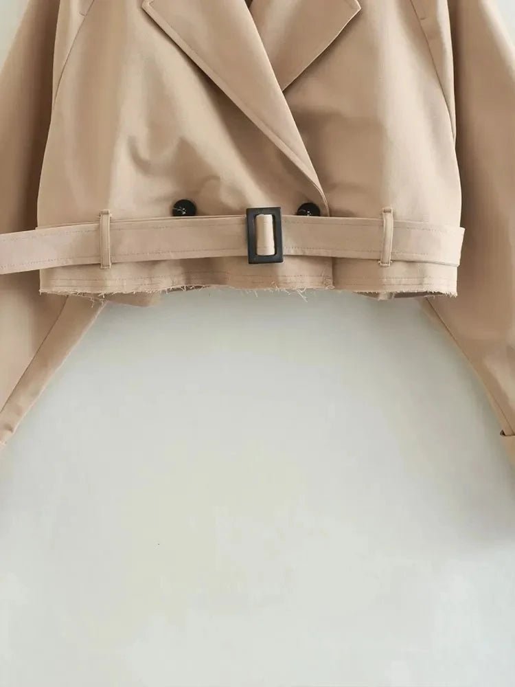 024 Spring Women’s Cropped Trench Coat – Double - Breasted Belted Jacket, Vintage Streetwear Style - Mychicelegant