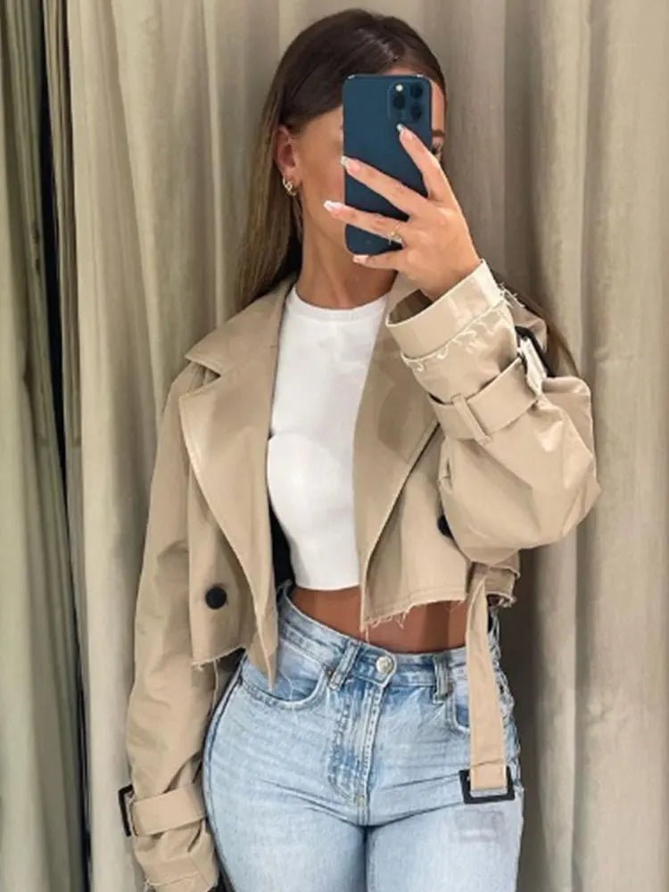 024 Spring Women’s Cropped Trench Coat – Double - Breasted Belted Jacket, Vintage Streetwear Style - Mychicelegant