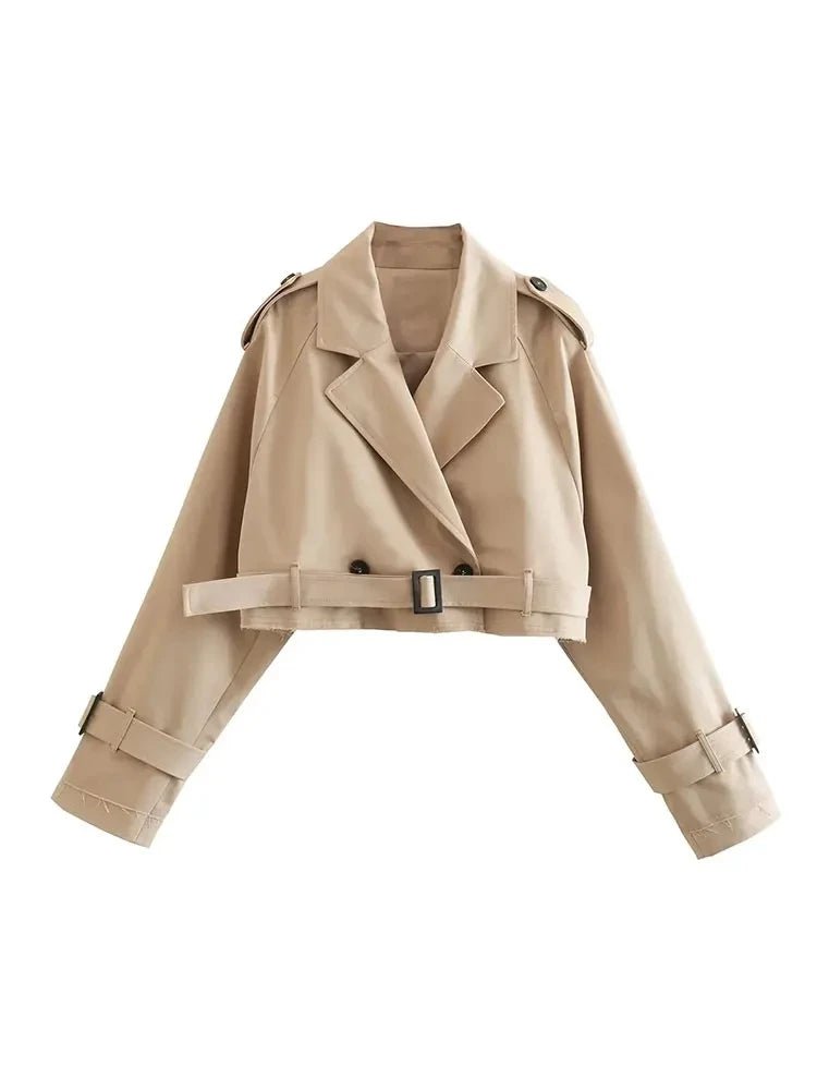 024 Spring Women’s Cropped Trench Coat – Double - Breasted Belted Jacket, Vintage Streetwear Style - Mychicelegant