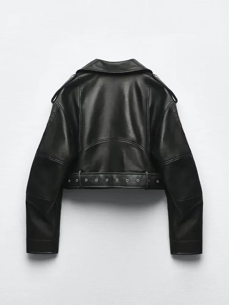 BBWM Women’s Oversized Vintage PU Faux Leather Short Jacket with Belt – Retro Moto Biker Style - Mychicelegant