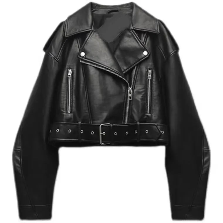 BBWM Women’s Oversized Vintage PU Faux Leather Short Jacket with Belt – Retro Moto Biker Style - Mychicelegant