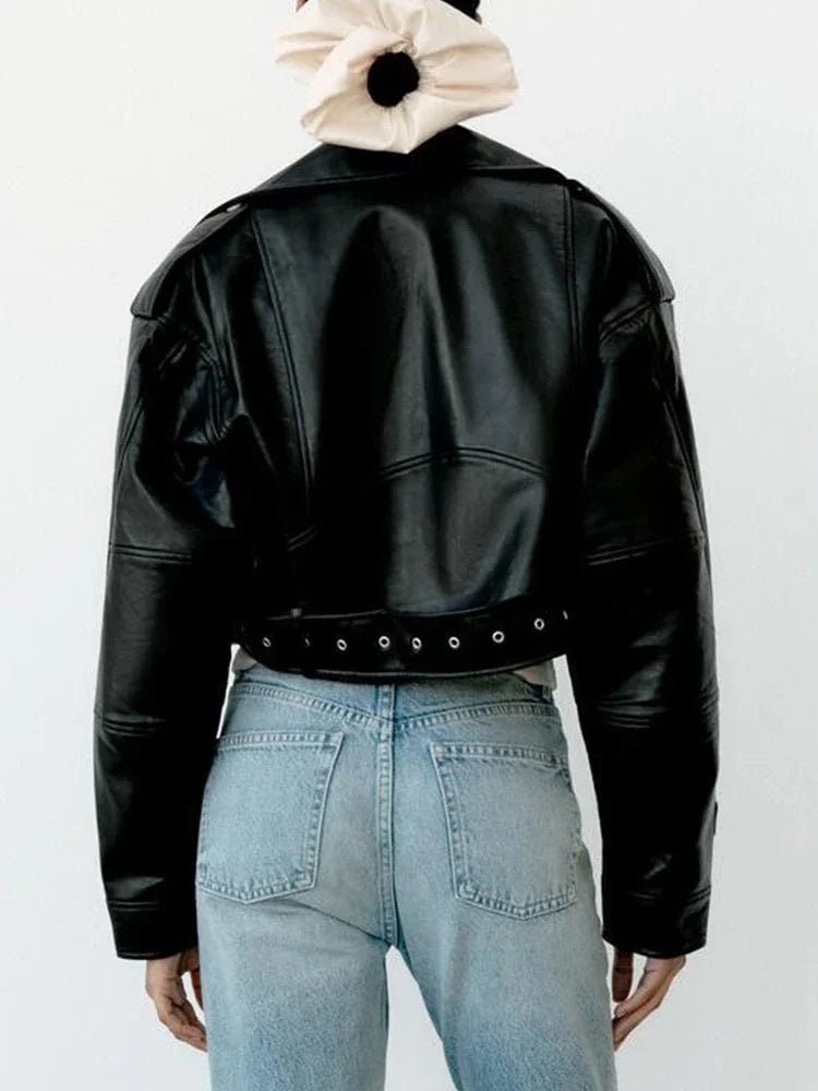 BBWM Women’s Oversized Vintage PU Faux Leather Short Jacket with Belt – Retro Moto Biker Style - Mychicelegant