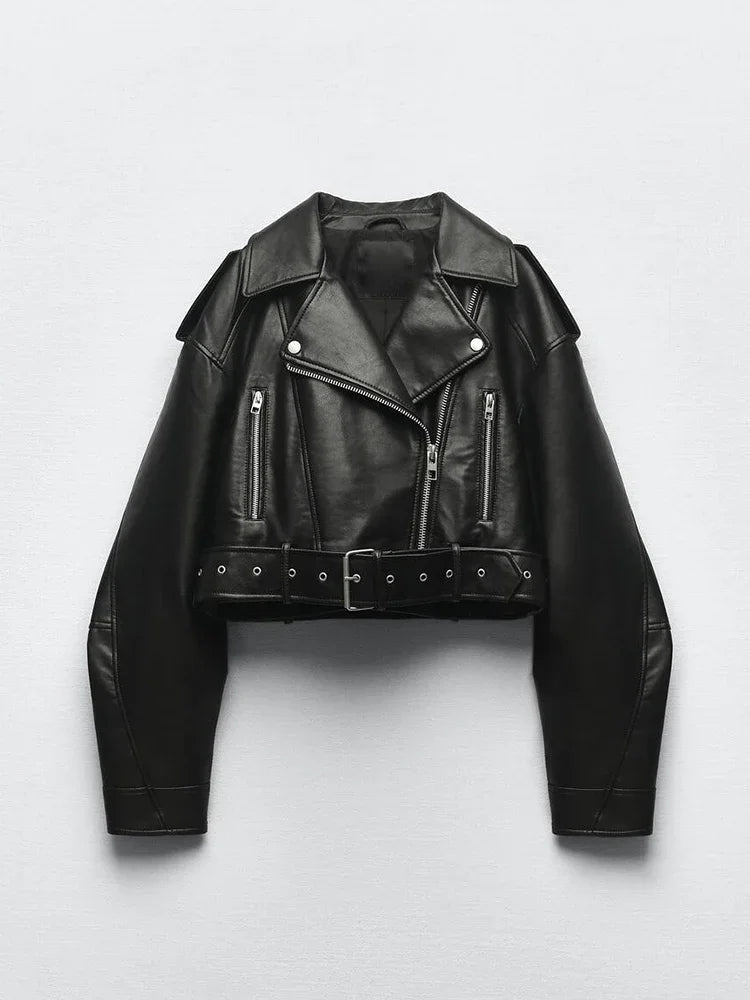 BBWM Women’s Oversized Vintage PU Faux Leather Short Jacket with Belt – Retro Moto Biker Style - Mychicelegant