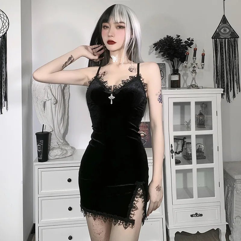Dark Cross Black Mini Dress Vintage Sexy - Mychicelegant