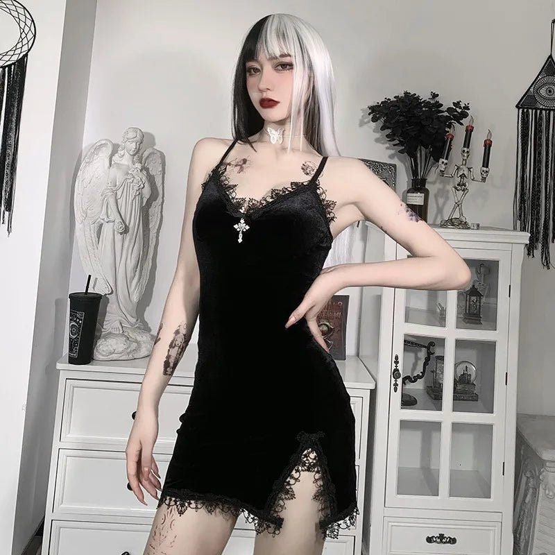Dark Cross Black Mini Dress Vintage Sexy - Mychicelegant