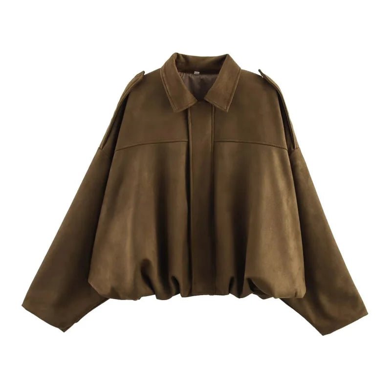 ETJ 2025 Spring Women’s Suede - Effect Loose - Fit Fashion Lapel Bomber Jacket - Mychicelegant