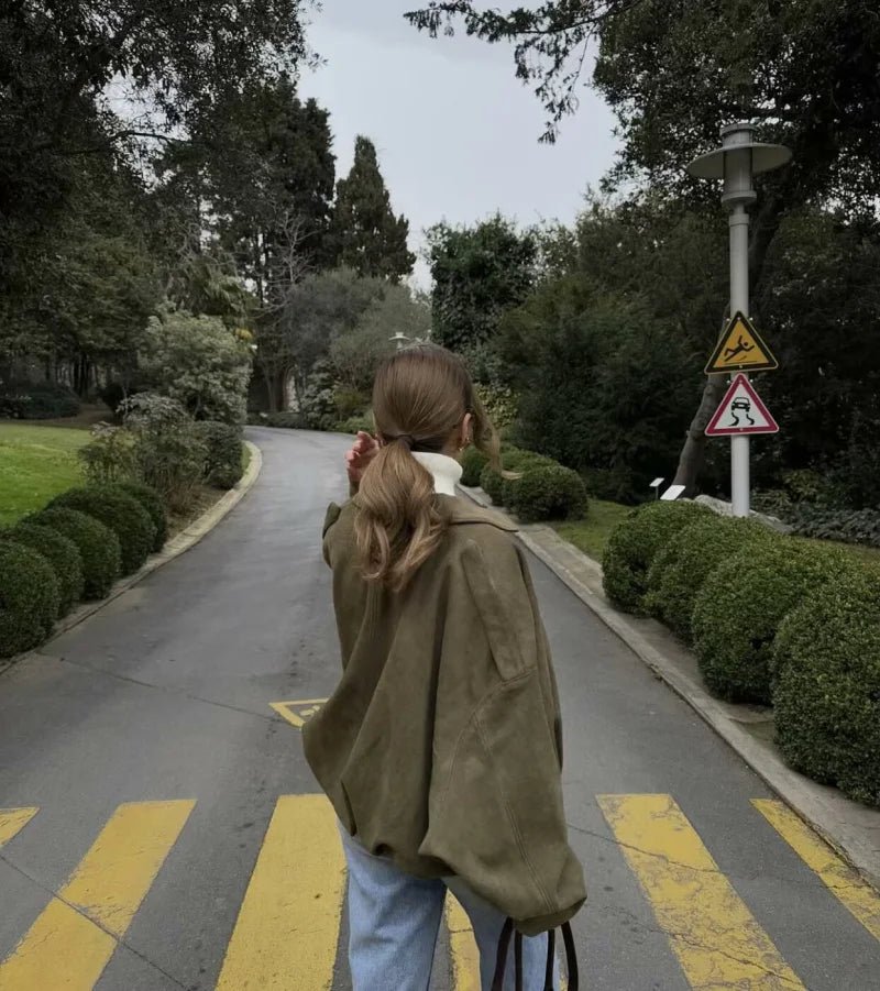 ETJ 2025 Spring Women’s Suede - Effect Loose - Fit Fashion Lapel Bomber Jacket - Mychicelegant