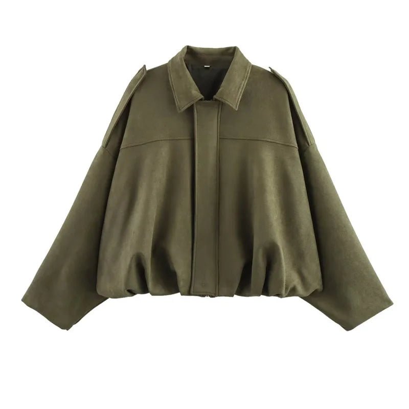 ETJ 2025 Spring Women’s Suede - Effect Loose - Fit Fashion Lapel Bomber Jacket - Mychicelegant