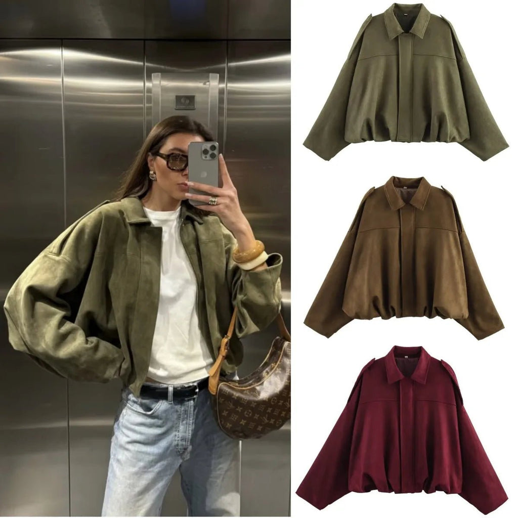 ETJ 2025 Spring Women’s Suede - Effect Loose - Fit Fashion Lapel Bomber Jacket - Mychicelegant