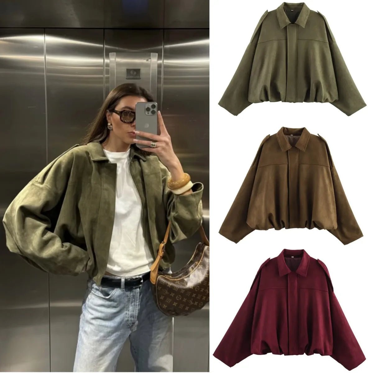 ETJ 2025 Spring Women’s Suede - Effect Loose - Fit Fashion Lapel Bomber Jacket - Mychicelegant