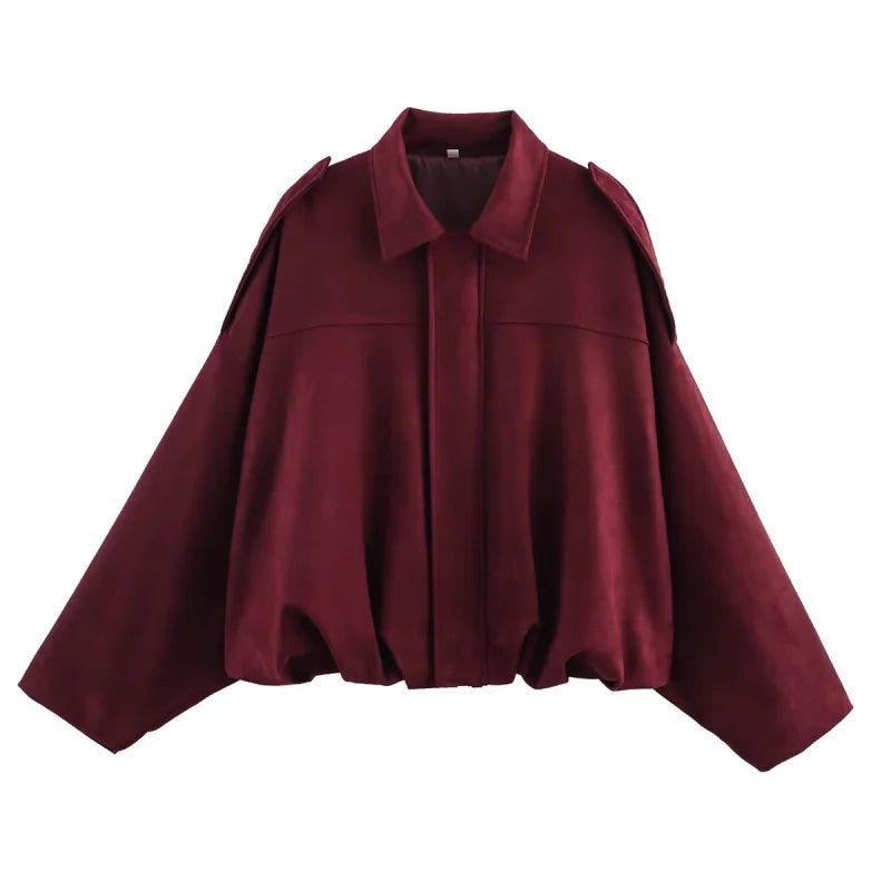 ETJ 2025 Spring Women’s Suede - Effect Loose - Fit Fashion Lapel Bomber Jacket - Mychicelegant