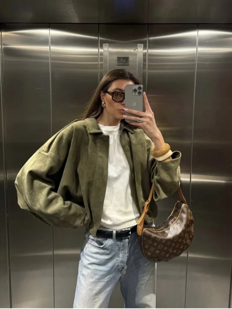 ETJ 2025 Spring Women’s Suede - Effect Loose - Fit Fashion Lapel Bomber Jacket - Mychicelegant