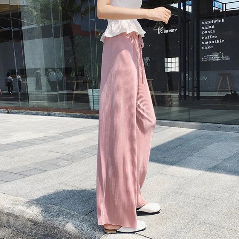 Women Fashion Summer Wide Leg Pants Pleated Ice Silk Trousers Elastic Waist Loose Casual Pants - Mychicelegant