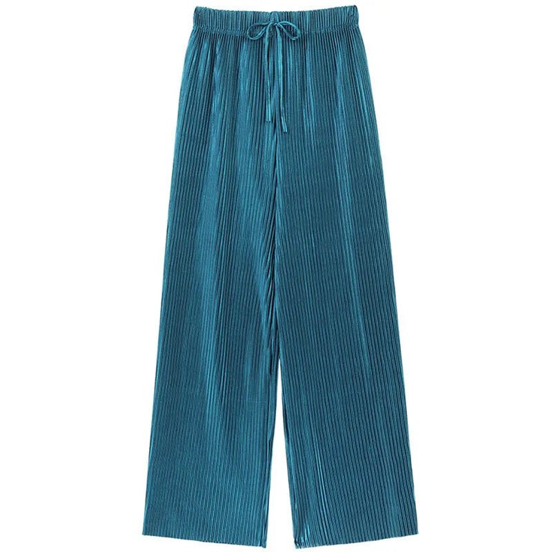 Women Fashion Summer Wide Leg Pants Pleated Ice Silk Trousers Elastic Waist Loose Casual Pants - Mychicelegant