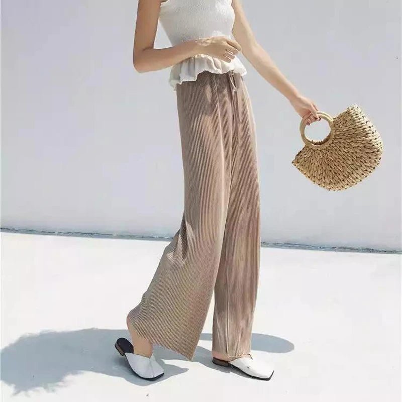 Women Fashion Summer Wide Leg Pants Pleated Ice Silk Trousers Elastic Waist Loose Casual Pants - Mychicelegant